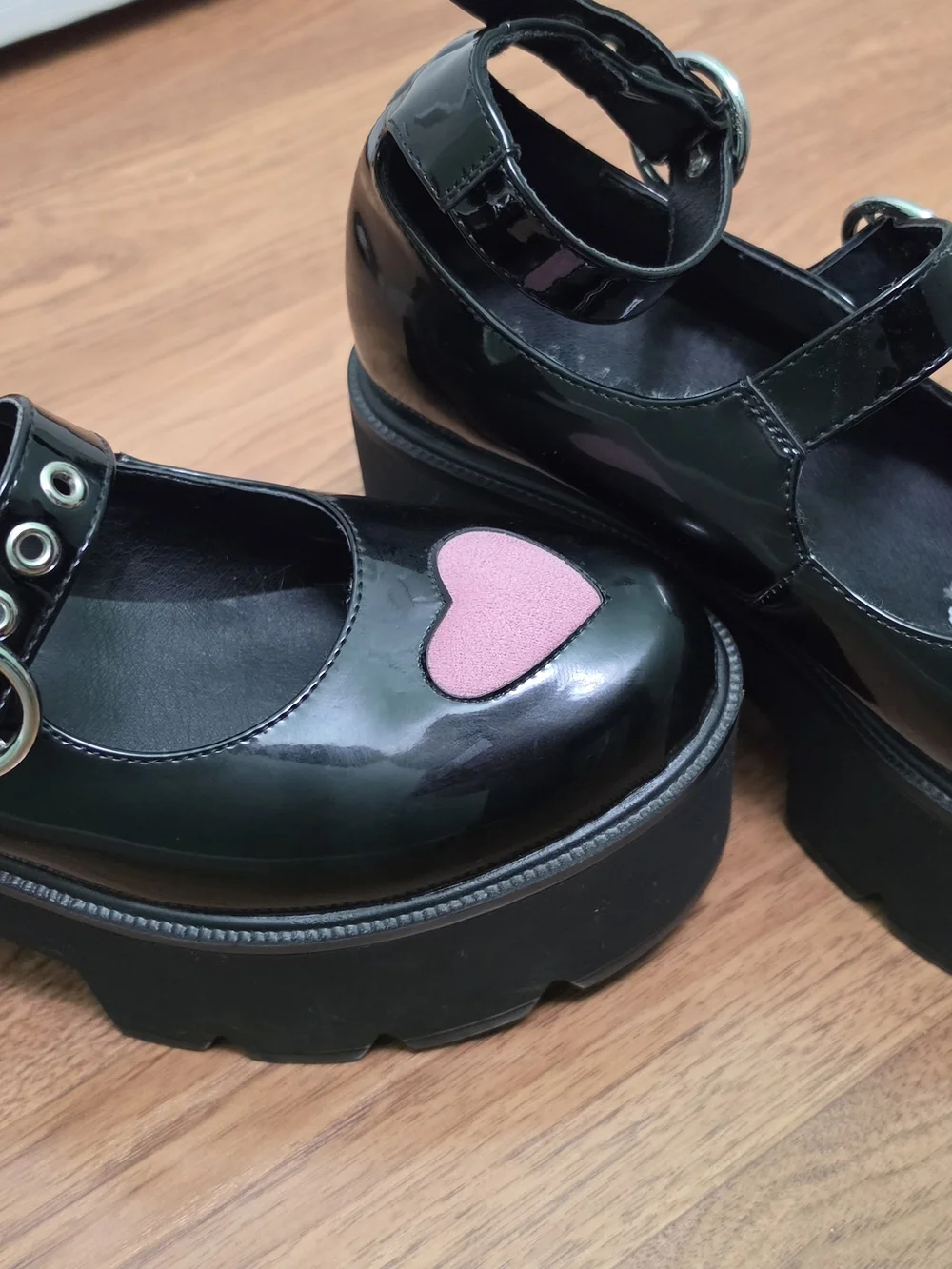 Black Patent Platform Mary Janes with Pink Heart Accent